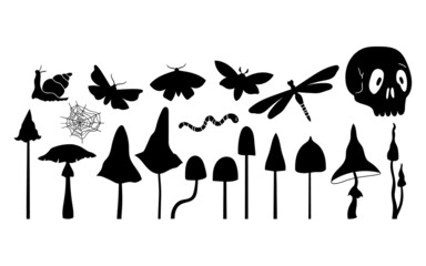 Wall Mural - Mystical mushroom, butterfly, moth, dragonfly and skull silhouettes bundle, hand drawn fungi and insects isolated clip art , hand drawn mush in black solid form, vector illustration set