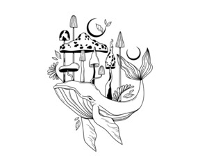 Wall Mural - mystical space whale and magic mushrooms isolated clip art, hand drawn mysterious composition with c