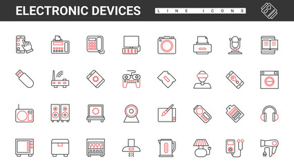 Wall Mural - Electronic devices for home and office thin red and black line icons set vector illustration. Abstract simple smart photo, music and game modern equipment and appliances, computers and phones