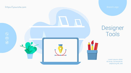 Designer tool web banner or page flat template. Web design process and development concept. Graphic designer, illustrator and photographer website interface vector illustration.