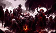 Purgatory, Fire In Hell. A Crowd Of Sinful People Is Burning In Hell In Hellfire. The Gateway To The Infernal Underworld. Devils Demons And Ghouls Torment Sinful People. 3d Illustration