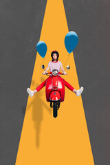 Poster - Creative photo artwork collage of young funny funky woman riding moped air balls decorations isolated grey yellow background