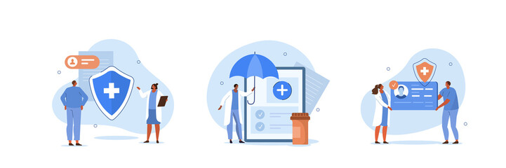 Wall Mural - Health insurance illustration set. Doctor offering medical insurance policy contract. Patient holding insurance ID card. Medicine and healthcare concept. Vector illustration.
