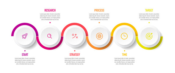 Aufkleber - Timeline infographic design with 6 options or steps. Infographics for business concept. Can be used for presentations workflow layout, banner, process, diagram, flow chart, info graph, annual report.