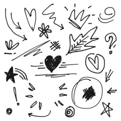 Poster - hand drawn collection of doodle vector design element. curly swishes, swoops, swirl, arrow, heart, l