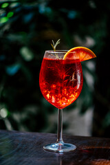 Wall Mural - Aperol spritz cocktail garnish with grapefruit and rosemary in front of dark background. Summer refreshing italian cocktail drink in restaurant bar.