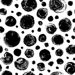 Poster - Grunge black circles vector seamless pattern. Hand drawn black paint round stamps. Geometric abstract ornament. Uneven specks, rough blobs, bold spots. Modern trendy monochrome vector ornament