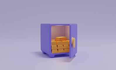 Open steel safe and a stack of gold in front on a purple background, treasure with gold in the safe, security and bank protection concept, safe full of gold, saving money, 3d rendering illustration