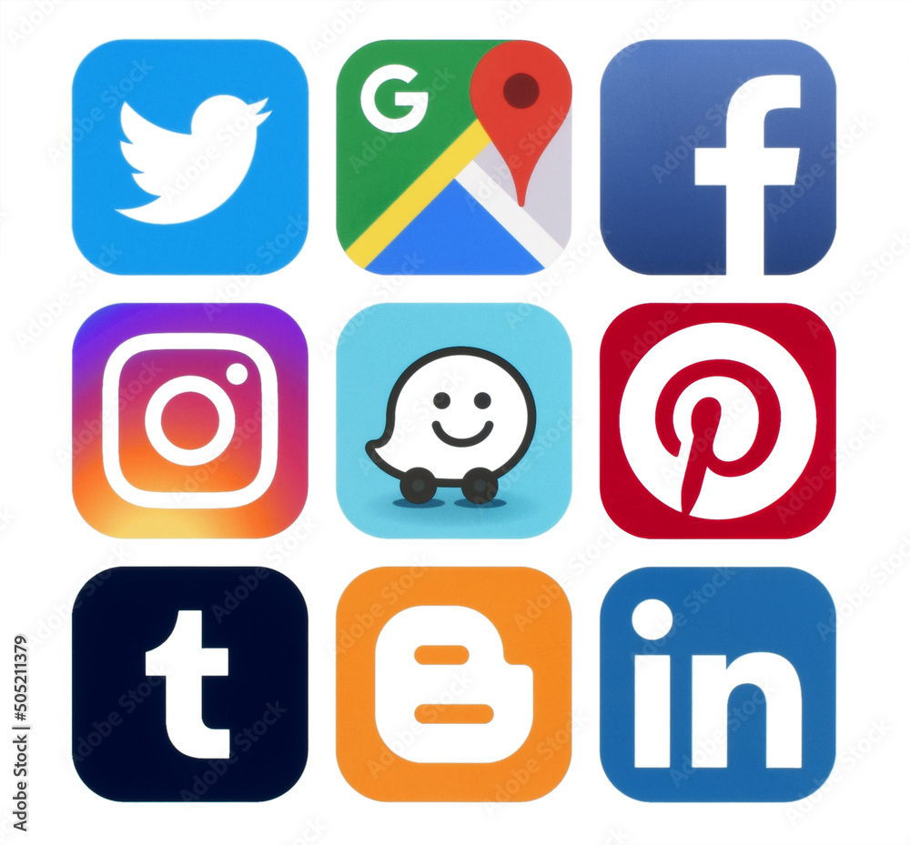 Set of popular social media and other icons: Facebook, Twitter, Instagram,  Google Maps, Pinterest, Tumblr, Blogger, LinkedIn and Waze Stock Photo |  Adobe Stock, image size:1000x929