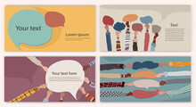 Hand Group Of Multicultural Men And Women Holding Speech Bubble In Hand.Talk Communicate And Share Information In Social Networks. Friends Or Colleagues Talking.Editable Banner Template