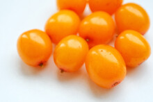 Sea Buckthorn, Macro View. Layout On White Background, Top View. Raw Orange Berries In Bright Sunlight. Natural Valuable Food Supplement.