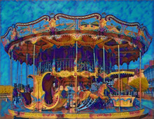 Brightly Colored Carousel, Edited To Look Like A Painting Or Drawing. 