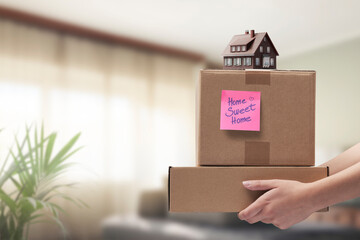 Woman bringing boxes in her new home