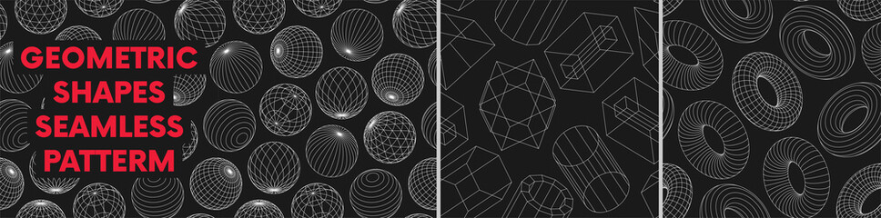Poster - Seamless pattern with linear form geometric shapes, strange wireframes distortion and transformation of figure, vector graphic design inspired by brutalism, set 1