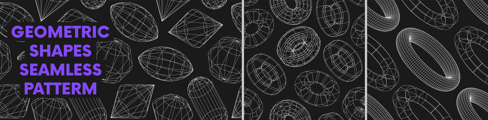 Poster - Seamless pattern with linear form geometric shapes, strange wireframes distortion and transformation of figure, vector graphic design inspired by brutalism, set 2
