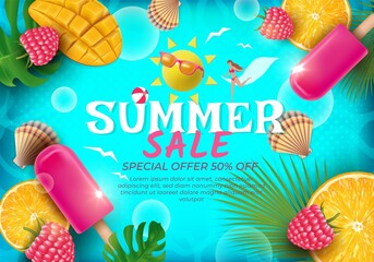 Sticker - Summer Sale Special Offer Half Price Ads Banner Concept Poster Card with Different Tropical Fruits. Vector illustration