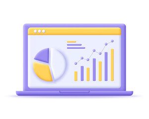 Laptop with diagram and graph on screen 3d icon. Render notebook with data analysis for business finance investment. 3d vector cartoon minimal illustration