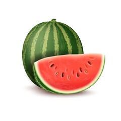 Wall Mural - Realistic Detailed 3d Ripe Whole Watermelon and Slice Set Isolated on a White Background. Vector illustration