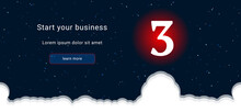 Business Startup Concept Landing Page Screen. The Number Three Symbol On The Right Is Highlighted In Bright Red. Vector Illustration On Dark Blue Background With Stars And Curly Clouds From Below