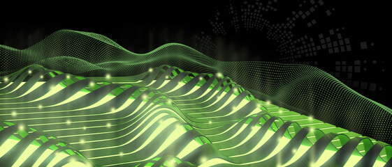 Aufkleber - Technology Background. Metaverse and Internet digital Curve connection concept for sound waves and futuristic cyber Space. green,copy space, digital data, banner,website-3d Rendering