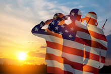 Silhouettes Of Soldiers With Pattern USA Flag Saluting On A Background Of Sunset Or Sunrise. Greeting Card For Veterans Day, Memorial Day, Independence Day. America Celebration. Closeup. 3D-rendering.