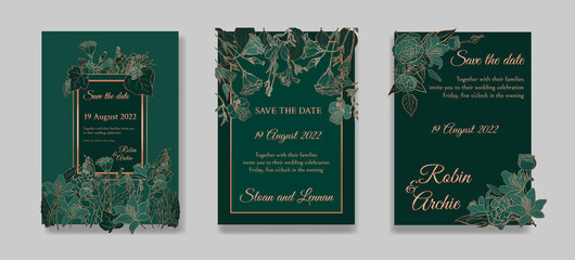 Set of Wedding invitation. Greenery greeting card collection template design, metallic copper flowers with emerald green background