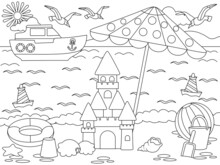 Beach, Sand Games. Yacht At Sea. Children Play On The Beach, Sand Castle. Vector, Black Stroke, White Background.