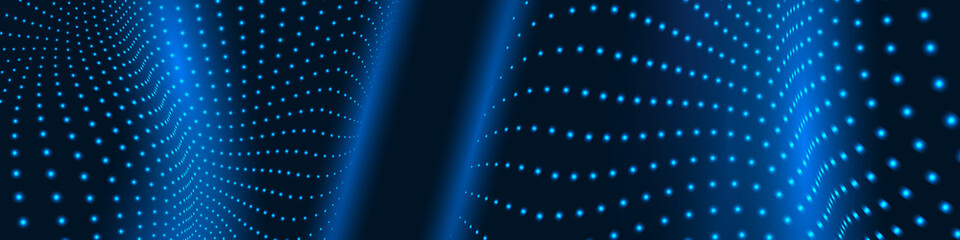 Poster - Digital technology wave of particles mesh vector abstract background. Dark modern tech wide banner.