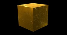 Golden Techno Cube. Yellow Square Metal Box Covered With 3d Render Digital Tracery And Textures. Cube Board Artifact To Connect To Cyber System And Network
