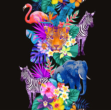 Tropical Seamless Vertical Border With Palm Leaves, Exotic Flowers, Wild Animals And Birds On A Black Background. Vector Illustration.