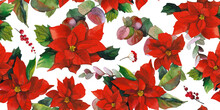 Seamless Pattern Of Poinsettia, Eucalyptus, Red Berries. For Festive Winter Design. Christmas Pattern, New Year's Background. For Wrapping Paper, Prints And Publications