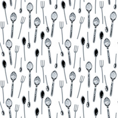 Seamless background for kitchen design, for the menu of restaurants, cafes and canteens. Cutlery. Cooking equipment. Forks and spoons