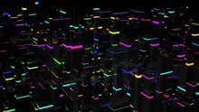 3d Render. Dark Science Fiction Background. Abstract Dark Background Neon Cubes Light Bulbs. Different Sizes Cubes Network Lighting Multicolor Neon Light, Like Night City.