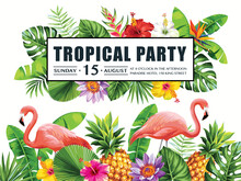 Tropical Hawaiian Card Template With Birds, Palm Leaves And Exotic Flowers. Summer Design. Vector Illustration.