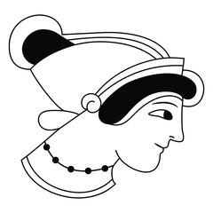 Head of a pretty ancient Greek woman in a hat. Vase painting style. Black and white silhouette.