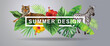 Tropical Hawaiian card template with wild animals, palm leaves and exotic flowers. Summer design. Vector illustration.