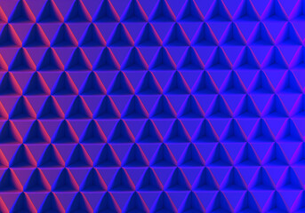 Poster - Blue-violet ornament. Wallpaper from Three-dimensional scenery. Wallpaper with blue pyramids. Backdrop with neon glow. Graphic wallpaper in retro style. Geometric design. 3d rendering.