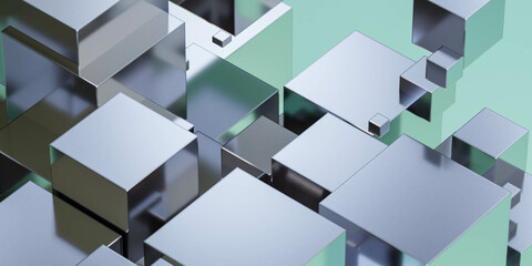 Wall Mural - random green metallic abstract geometric shape cube blocks 3d render illustration