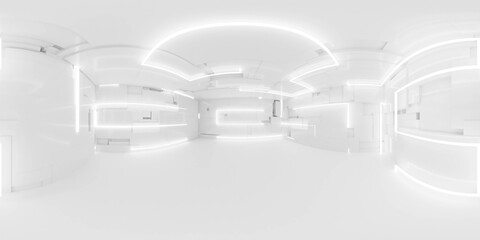 Poster - 360 degree full panorama environment map of bright white studio futuristic light interior with metallic reflections 3d render illustration hdri hdr vr virtual reality