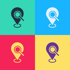 Sticker - Pop art Search location icon isolated on color background. Magnifying glass with pointer sign. Vector