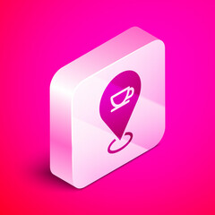 Sticker - Isometric Location with coffee cup icon isolated on pink background. Silver square button. Vector