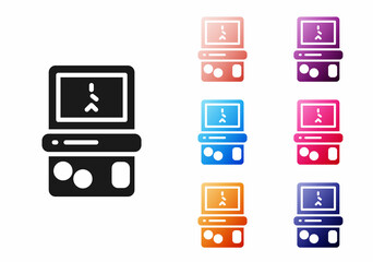 Poster - Black Portable tetris electronic game icon isolated on white background. Vintage style pocket brick game. Interactive playing device. Set icons colorful. Vector
