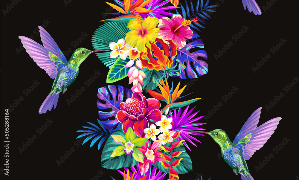 Tropical seamless vertical border with palm leaves, exotic flowers and ...