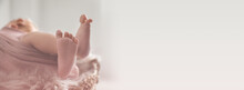 Cute Newborn Baby Lying In Wicker Basket, Closeup View With Space For Text. Banner Design