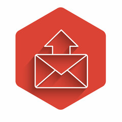 Sticker - White line Mail and e-mail icon isolated with long shadow. Envelope symbol e-mail. Email message sign. Red hexagon button. Vector