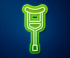 Sticker - Glowing neon line Crutch or crutches icon isolated on blue background. Equipment for rehabilitation of people with diseases of musculoskeletal system. Vector