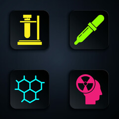 Poster - Set Human head and a radiation, Test tube flask on stand, Chemical formula and Pipette. Black square button. Vector