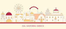 Cartoon Skyline Panorama Of Village Of Oia, Santorini, Cyclades Islands, Greece - Vector Illustration