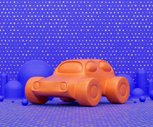 Orange Car Toy In Purple Background, Kids Playground Object, 3d Rendering