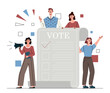 Election events concept. Democracy, politics and free government elections. Men and women agitate citizens and invite them to vote. Bulletin and expression of opinion. Cartoon flat vector illustration